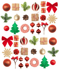 christmas or new year background: red and gold glass balls, fir tree branches, decoration and gifts 