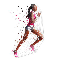 Wall Mural - Running woman, low polygonal isolated vector illustration. African american marathon runner, side view. Run, active people