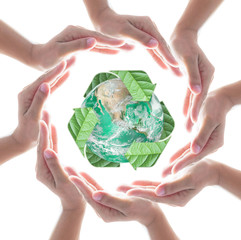 Hands surrounding green planet protected by recycle sign leaf on white background. Elements of this image furnished by NASA.