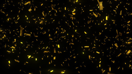 Wall Mural - golden confetti fall on black background. party shiny rain. grainy abstract texture design element. 