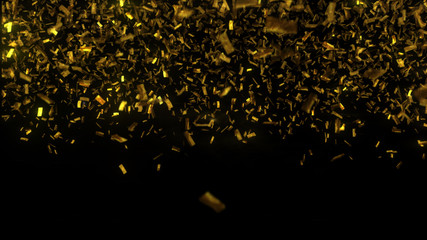 Wall Mural - golden confetti fall on black background. party shiny rain. grainy abstract texture design element. 