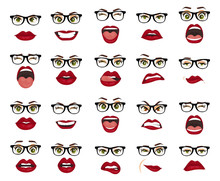 Comic Emotions. Woman With Glasses Facial Expressions, Gestures, Emotions Happiness Surprise Disgust Sadness Rapture Disappointment Fear Surprise Joy Smile Despondency. Cartoon Icons Big Set Isolated.