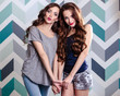 © cherry_d - Beautiful young brunette twins women with long curly hair and evening makeup, fashion beauty portrait, casual clothes