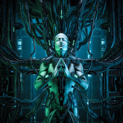 Wall Mural - the quantum zen king / 3d illustration of male android hardwired to computer core