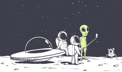 Wall Mural - group of astronauts photographs himself with an alien .space friends.vector illustration