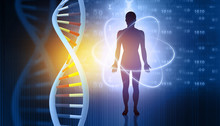 DNA Molecules And Men. Futuristic Science. 3d Illustration