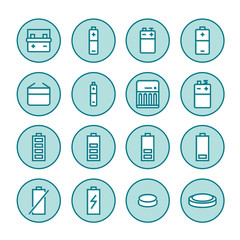 Wall Mural - Battery flat line icons. Batteries varieties illustrations - aa, alkaline, lithium, car accumulator, charger, full charge. Thin signs for electrical store.