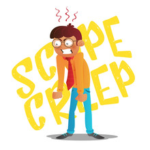 Scope creep inscription. Funny conceptual business vector cartoon illustration with screaming angry young man with glasses clenched his fists and dropped his hands down isolated on white background