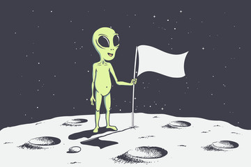 Wall Mural - alien with flag stands on moon.hand drawn vector illustration