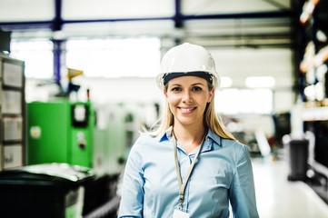 Wall Mural - A portrait of an industrial woman engineer standing in a factory.