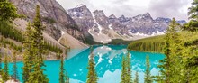 Panoramic View At The Moraine Lake In Canadian Rocky Mountains Near Banff