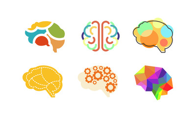 Wall Mural - Human brain set, thinking or mind bright sign, colorful creative idea symbols vector Illustration on a white background