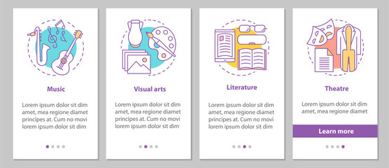 Wall Mural - types of art onboarding mobile app page screen with linear conce