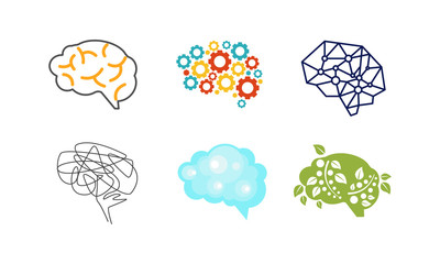 Poster - Human brain set, thinking or mind bright sign, creative idea symbols vector Illustration on a white background