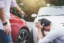 Two Drivers Man Arguing After A Car Traffic Accident Collision, Traffic Accident And Insurance Concept