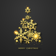 Christmas tree background with shining gold snowflakes, stars and balls. Merry Christmas card illustration on dark background