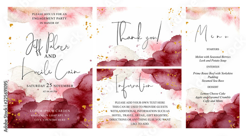 Fotografía Burgundy, pink and gold wedding set with hand drawn watercolor background