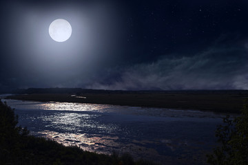 Wall Mural - Full moon over the river