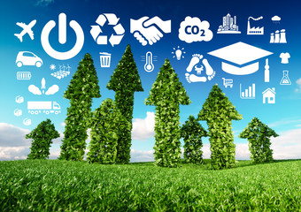 Wall Mural - sustainable development conceptual image. 3d illustration of fresh green leaf arrows growing from gr