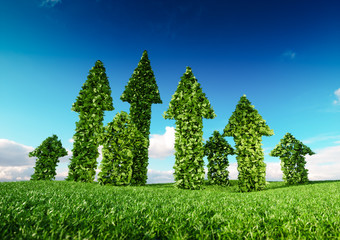 Wall Mural - sustaining eco growth and sustainable development concept. 3d illustration of green leaf arrows grow