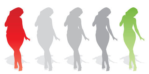 Vector conceptual fat overweight obese female vs slim fit healthy body after weight loss or diet with muscles thin young woman isolated. Fitness, nutrition or fatness obesity, health silhouette shape