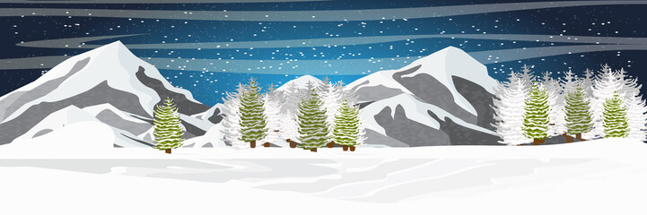 Starry night in winter. Mountains and spruce forest in the snow. Vector landscape of the Arctic, Antarctica, Greenland, Alaska or Canada. Northern landscapes.