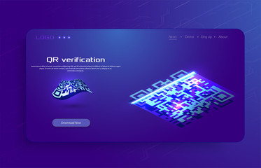 Fototapete - Qr verification. Vector hi tech illustration isometric style.
