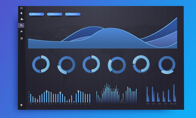 Fototapete - Dashboard infographic template with modern design annual statistics graphs.Network management data screen with charts and diagrams in dark color.Vector Illustration
