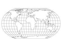 World Map In Robinson Projection With Meridians And Parallels Grid. White Land With Black Outline. Vector Illustration.