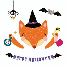 Hand Drawn Vector Illustration Of A Cute Funny Fox In A Witch Costume, With Spider, Bat, Text Happy Halloween. Isolated Objects On White. Scandinavian Style Flat Design. Concept For Children Print.