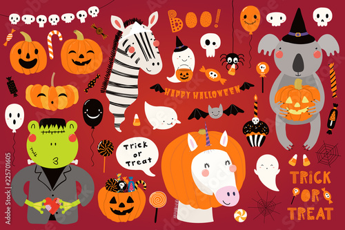 Big Halloween set with cute animals koala, unicorn, zebra, frog in costumes, ...
