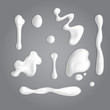 Set of white cream or yoghurt drops. Vector paint stain or yogurt splash illustration for design. Opaque milk elements. Mayonnaise blobs