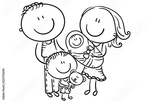 Happy family with two children, cartoon graphics, outline