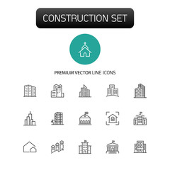 Sticker - Construction icons. Set of  line icons. Church, garage, hospital. Urban environment concept. Vector illustration can be used for topics like city, architecture, infrastructure