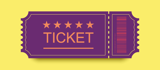 Wall Mural - violet ticket vector icon with shadow on yellow background
