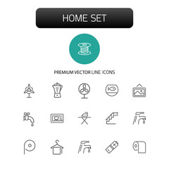 Sticker - Home icons. Set of  line icons. Electric fan, ironing, battery. Domestic life concept. Vector illustration can be used for topics like domestic appliances, public services