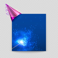 Poster - Greeting card vector template with blank paper sheet, party hat and magic wand illustraion