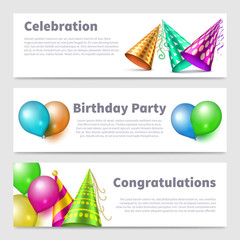 Canvas Print - Party banners template vector with realistic party hats and balloons illustration