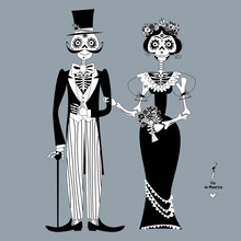 Skeleton Couple In Love. Dia De Muertos. Mexican Tradition. Black And White. Vector Illustration.