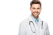 © LIGHTFIELD STUDIOS - happy male doctor in medical coat with stethoscope over neck looking at camera isolated on white