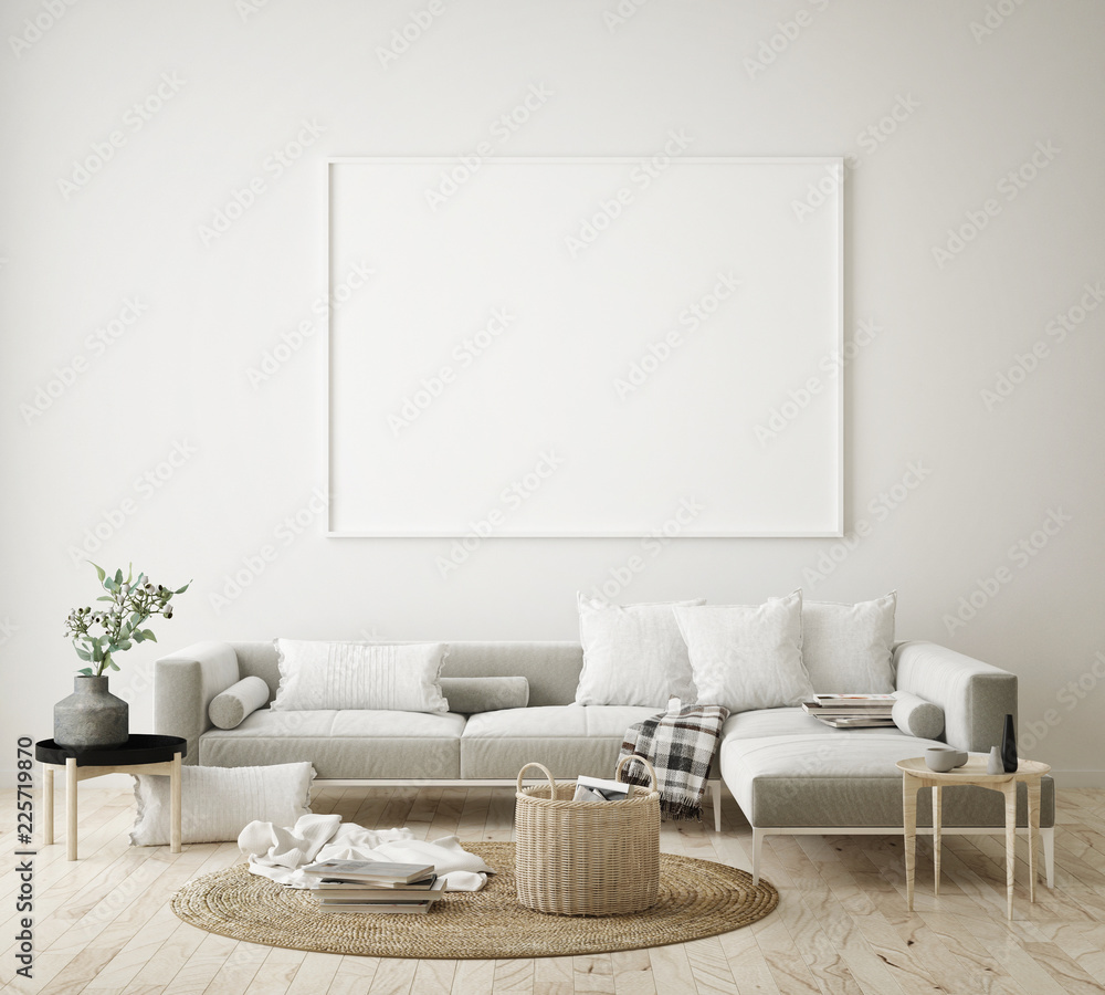 mock up poster frame in hipster interior background, living room, Scandinavian style, 3D render, 3D illustration - obrazy, fototapety, plakaty 