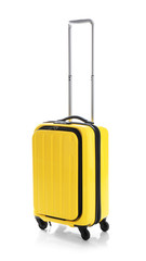 Yellow suitcase for travelling on white background