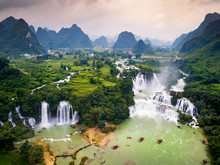 Ban Gioc Detian Waterfall On China And Vietnam Border Aerial View