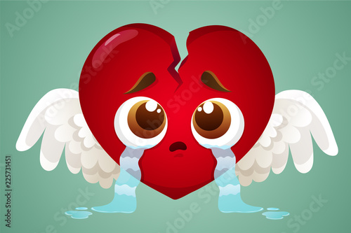 Cute Broken Heart With Wings Crying Vector Illustration Isolated On Green Background Stock Vector Adobe Stock