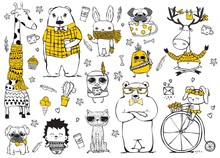 Vector Set Of Cute Doodle Hipster Giraffe, Bears, Deer, Dog, Cat, Rabbits And Tribal Owl. Perfect For Greeting Card Design, T-shirt Print And Kid's Poster