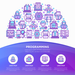 Wall Mural - programming concept in half circle with thin line icons: developer, code, algorithm, technical suppo