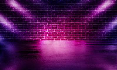 Background of empty room with brick wall and concrete floor. Smoke, fog, neon light