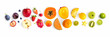 Leinwandbild Motiv Creative layout made of fruits. Flat lay. Plum, apple, strawberry, blueberry, papaya, pineapple, lemon, orange, lime, kiwi, melon, apricot, pitaya and carambola on the white background.