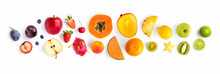 Creative Layout Made Of Fruits. Flat Lay. Plum, Apple, Strawberry, Blueberry, Papaya, Pineapple, Lemon, Orange, Lime, Kiwi, Melon, Apricot, Pitaya And Carambola On The White Background.