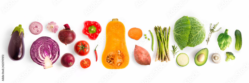 Creative layout made of green peas, cabbage, sweet potato, avocado, tomato, onion, beetroot, pepper, aubergine, artichoke, broccoli and cucumber on the white background.. Flat lay. Food concept.  - obrazy, fototapety, plakaty 